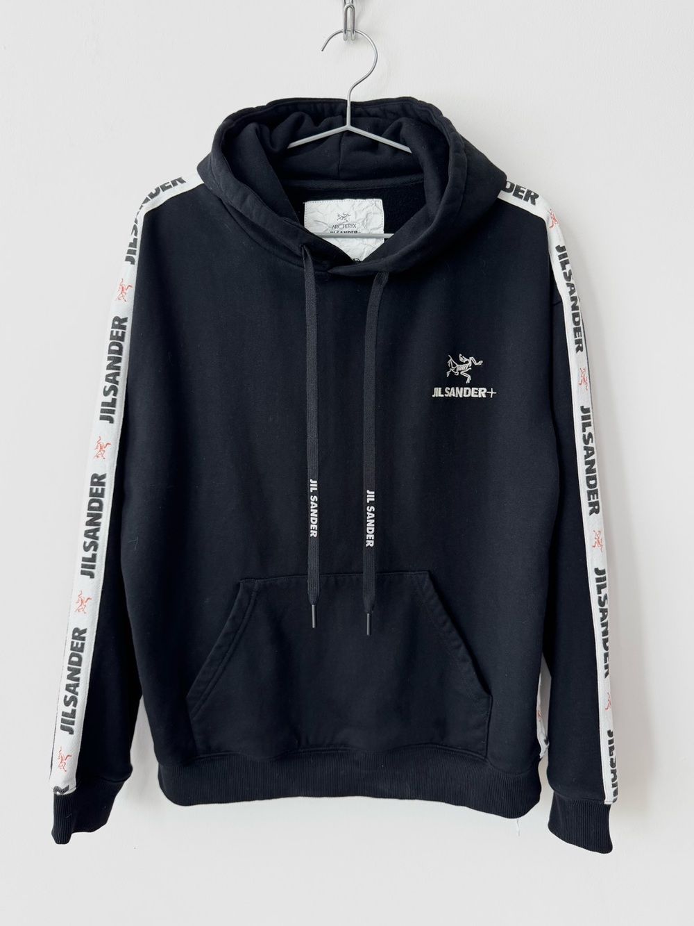 Jil Sander+ x Arc’teryx Collab Black Hoodie with White Logo-Trim Sleeves - Rare